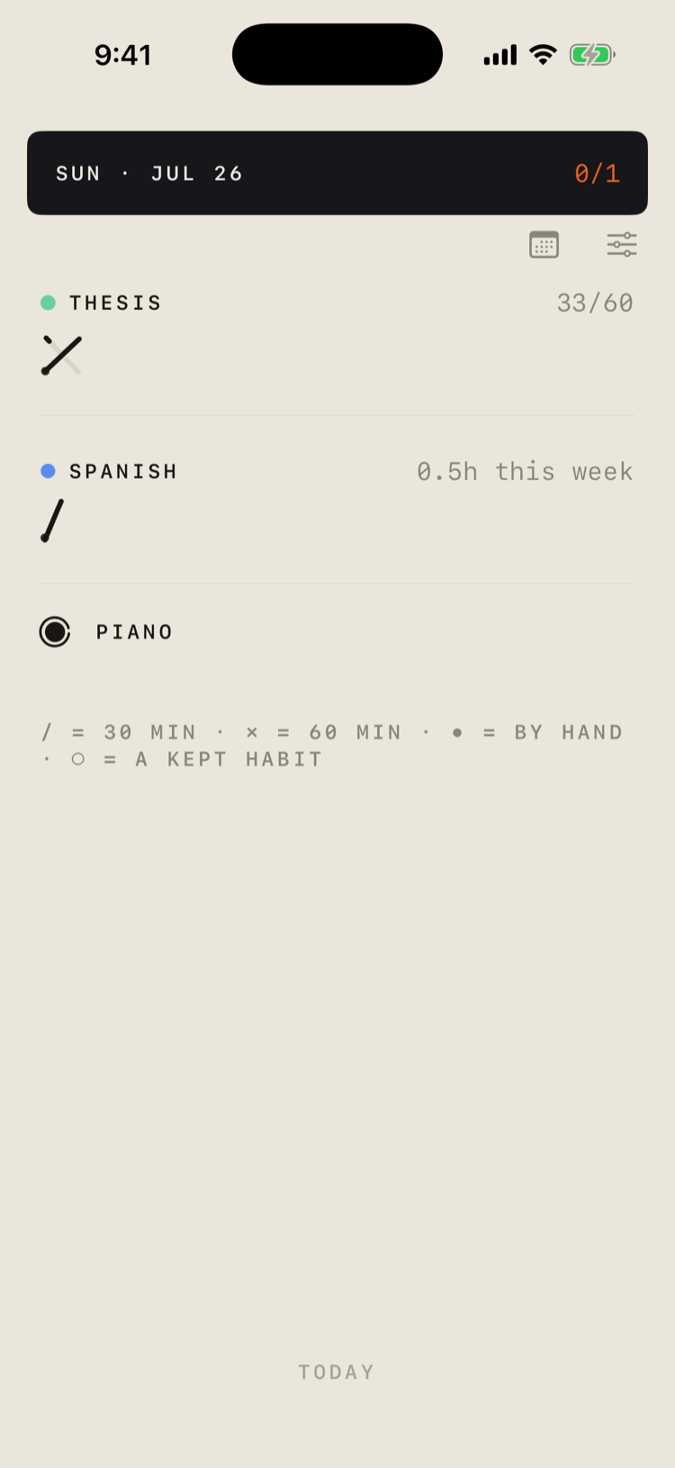The Added Time Today page: a dark split-flap plate reading SUN · JUL 26 with the day's score, a Thesis row at 33 of 60 minutes showing one inked stroke and a second only part-drawn, a Spanish row holding half an hour this week, the Piano habit ticked as a filled circle, and the legend beneath.