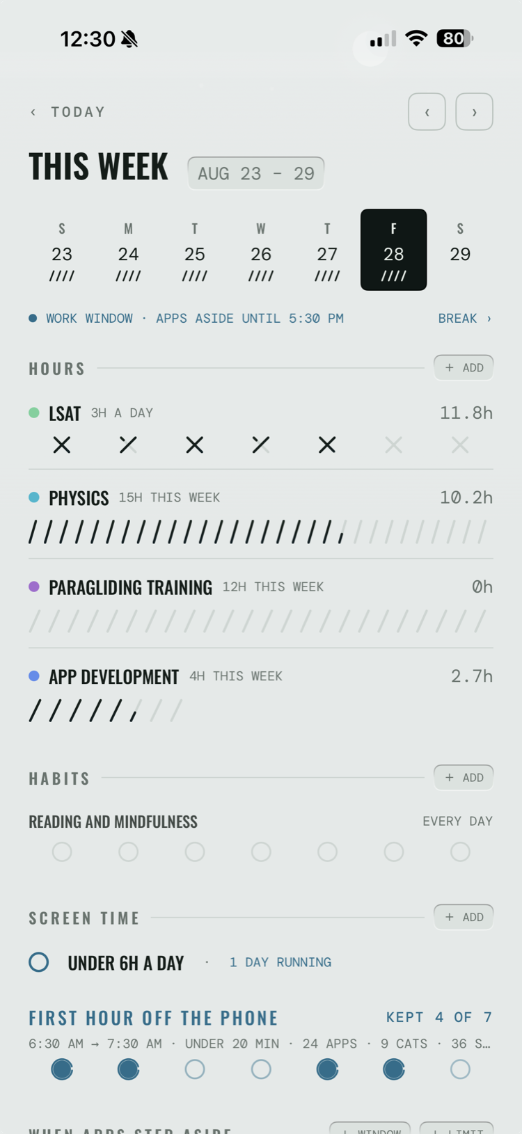 This week in the Week view: a seven-day spine with Friday on a dark tile, a line saying a work window has apps aside until 5:30 PM, then rows for LSAT, Physics, Paragliding training and App development — some inked, some still empty — a habit row, and screen-time goals including a first-hour-off-the-phone row kept 4 of 7.
