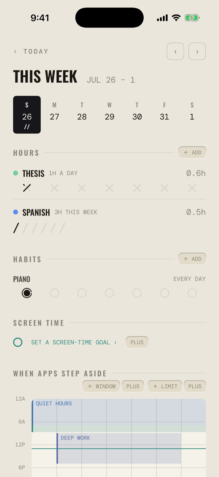The Week screen: a seven-day spine with today on a dark split-flap tile, then stacked sections for hours and habits, a screen-time goal row, and three window lanes running across the week beneath them. Almost every mark is still an empty ghost slot.